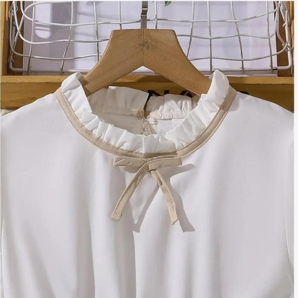 Girls' Cream & Tan Pleated Bow-Front Dress